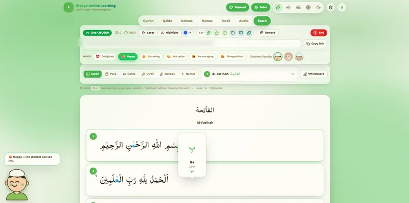 A live class: laser, highlighter, and any letter tapped for its name and harakat